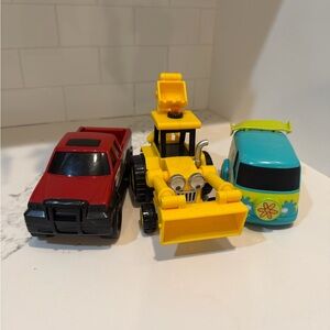 Colorful Toy Vehicle Trio with Bulldozer, Truck, and Van